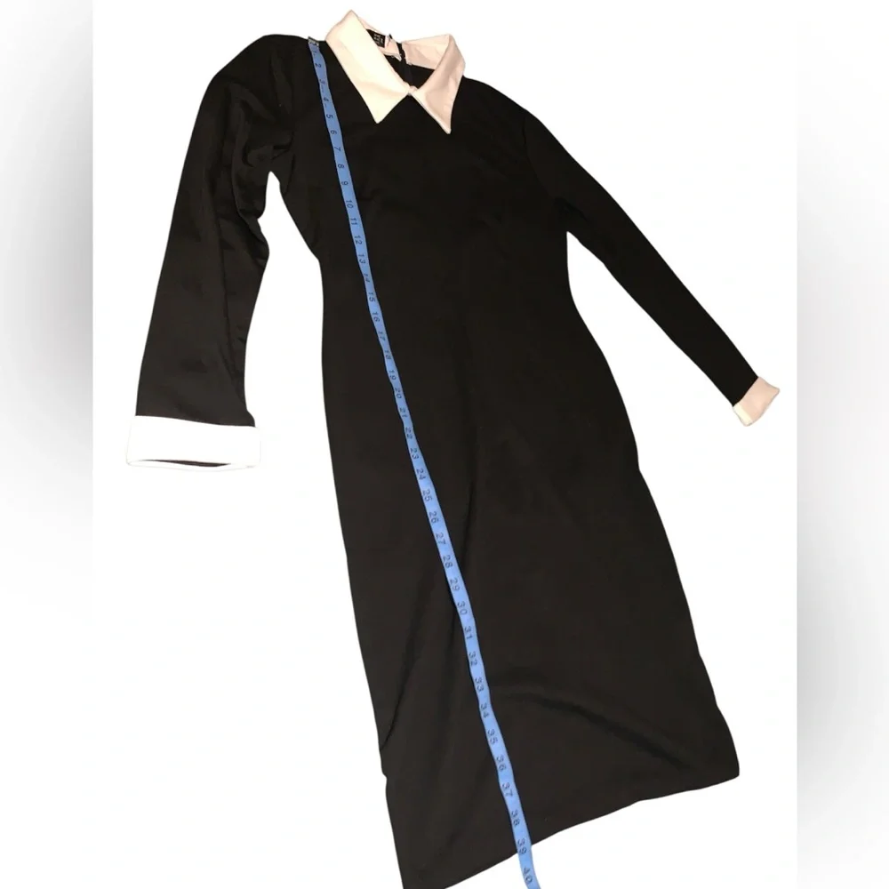 Elegant Black Long Sleeve Dress with turn down collar and white cuffs Wednesday - Picture 4 of 10